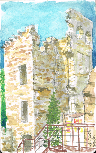 A watercolor rendering of some partially restored castle ruins, in Laguépie, France