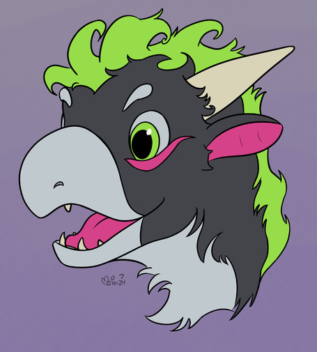 Digital color head shot of Streamline, a character by AKillerClam at Art Fight. Streamline is a corgi dragon with black and white fur and a green mane, with medium length horns above their ears. They look happy.