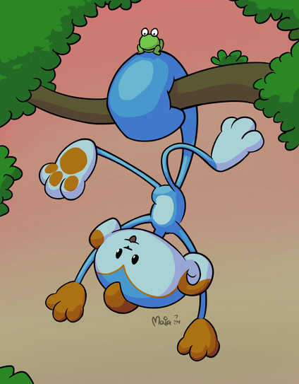 Digital color drawing of Blå-Reine (and Muskot), characters by valrosskross at Art Fight. Blå-Reine is a blue monkey-like creature with white and orange markings. He's hanging upside down from his tail, which is wrapped around a tree branch. It looks like he's having fun. His little frog companion Muskot is sitting on top of his tail.
