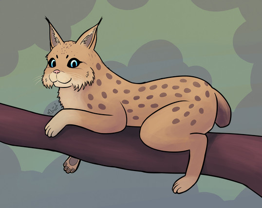 Digital color drawing of Waage, a character by SetaWaage at Art Fight. Waage is a were-lynx, here seen in her Lynx form. She's lying on a tree branch, looking towards the viewer with a smile.
