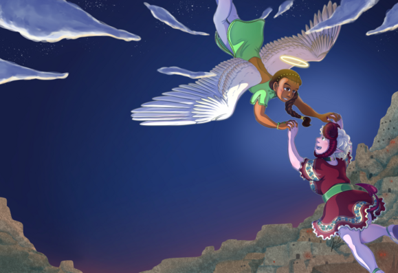 Color illustration of two female characters reaching for each other across the image. Coming from the sky is an angel with dark skin, dark brown hair and wings. She holds hands with a devil who is standing on the ground and has pink skin, curly horns and a tail. The background is a night sky with clouds and some rocky structures at the ground. 