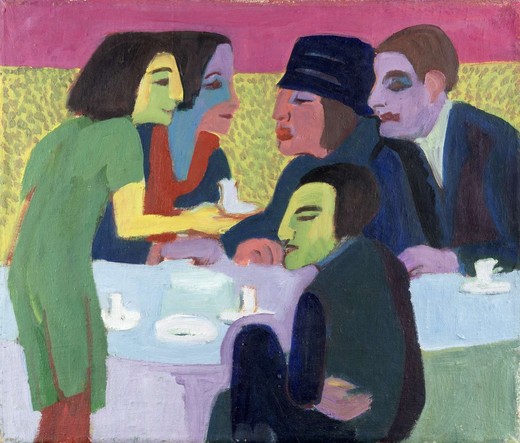 Five people with distinct, exaggerated facial features and vibrant clothing appear to be in conversation around a table, with cups and plates in front of them. The background uses bold blocks of color, enhancing the sense of abstraction.