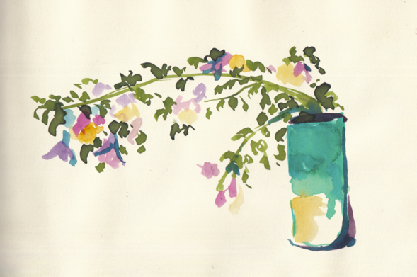 A loose ink painting of a fuchsia branch in a small cylindrical vase