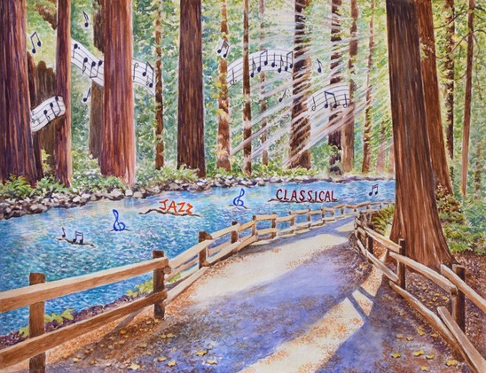 Watercolor painting of redwoods, with a pathway and stream. Musical notes stream through the trees. 