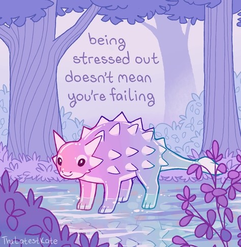 A drawing of a smiling ankylosaurus dinosaur in a forest. The caption reads, 