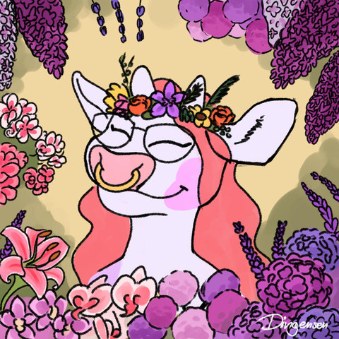 Drawing of an anthropomorphic cow sorrounded by flowers. she is wearing a flower-crown and a happy expression on her face.