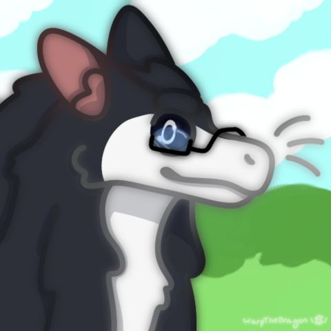 A headshot drawing of Brody, a white and grey fluffy creature.