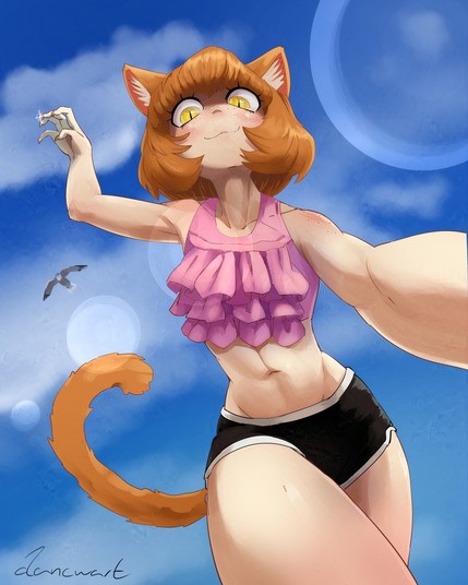 Digital drawing of a cat character in a bikini, who is about to hit you