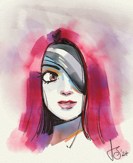 Digital watercolour portrait of a red haired woman wearing a stripey eye patch that looks a bit like a bandana 