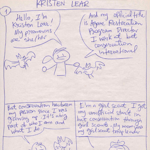 loose sketch of the first page of the comic, featuring Dr Lear introducing herself, while surrounded by bats.