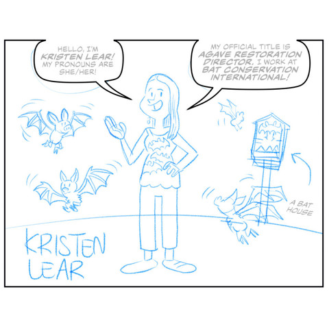 detailed sketch of the first page of the comic, featuring Dr Lear introducing herself, while surrounded by bats.