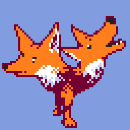 Pixel art of a fox head attached to another fox head attached to a pair of fox legs, with nothing else.

One of the heads looks serious, the other one looks fun at parties and is barking excitedly!