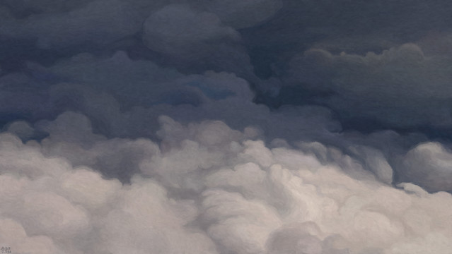 Digital painting of a mass of clouds, half in the sunshine, and half in the shade. The clouds are bubbling outwards, not too different from cauliflower, many shadows and points of light creating relief across their surfaces.
