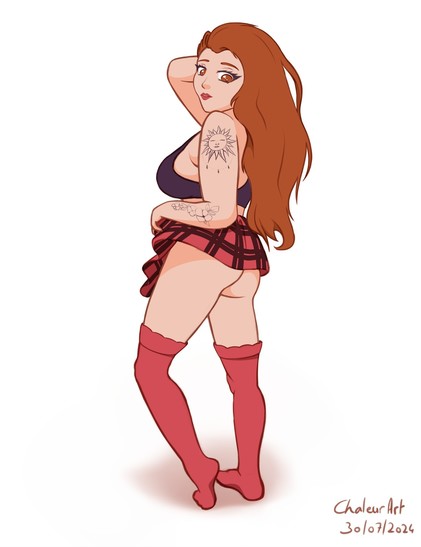 Digital sketch of a woman, seen from behind, wearing a dark bra, red thigh highs and a short skirt that she lifts to reveal part of her butt. She has tattoos on her left arm and is looking at the camera over her shoulder.
