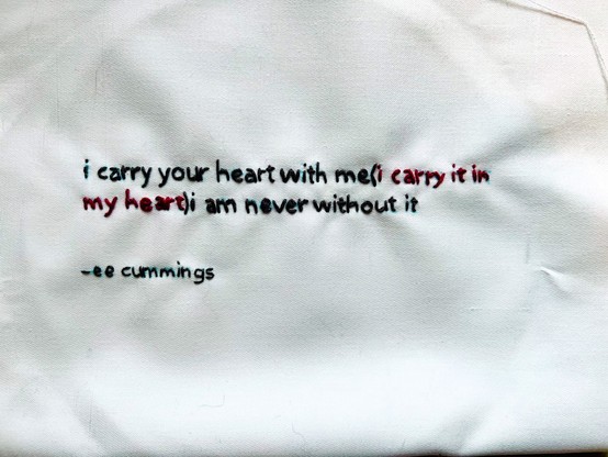 The following excerpt on white fabric:

i carry your heart with me(i carry it in 
my heart)i am never without it

– ee cummings

The words in parentheses- i carry it in my heart - are a fuschia pink, while the rest is a dark gray.