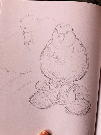 Rough sketch of a kakapo in big sneakers. To the left two doves affectionately push their heads together.