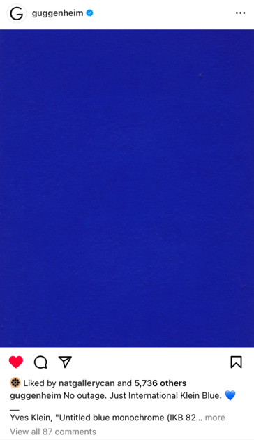 An Instagram post from the official Guggenheim account showing Yves Klein’s Monochrome Blue, with description “No outage, just International Klein Blue 💙”
