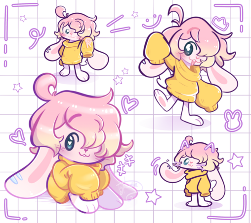 Four little doodles of a cute pink bunny wearing an oversized yellow sweater. First doodle, they are doing the dog doing the peace sign meme. Second doodle, they are doing an energetic pose, with their paw and leg up in the air. Third doodle, they are simple waving with their big bunny ear. The last doodle is them calmly sitting and looking at the viewer. There are little purple stars and hearts and wiggles all over the page, and the BG is a grid. 