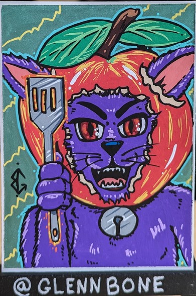 A drawing of a purple cat with red eyes wearing an apple helmet and holding a glowing spatula. He has a very fierce look on his face.