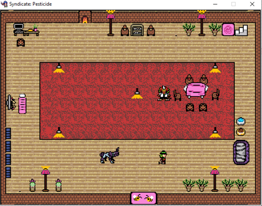 A pixel room with cinderblock walls, a fireplace, a desk with a computer and a small plant on it, a large red rug, four blue filing cabinets, a TV with a futon style bed and sleeping bag in front of it, a small book case and lots of plants. the floor is wood. there is also a staircase

the characters are all dragons in their setting. on the rug is Liam, who is a human like dragon with a single horn on his forehead, and he wears a lab coat. his friend Kryrrys is always in a suit and fedora, and his pet Hera is a dragon with an ant like appearance (four legs)