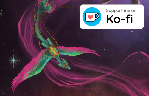 Support Me on Ko-Fi. Close-up of a green-and-pink feathered dragon spiralling through space following a trail of pink light. A harness and thethers stream off the image, connecting them to the unseen spaceship.