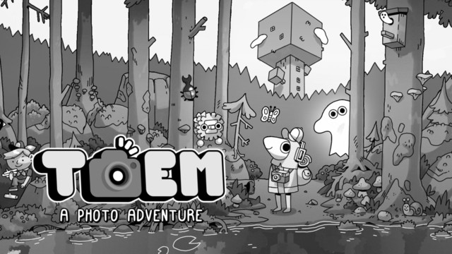 TOEM: A Photo Adventure. A greyscale cartoon forest with a little photographer in a cap and poncho surrounded by bugs and spirits.