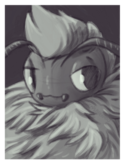 A grayscale portrait of an anthropomorphic moth looking to the side. She has a big neck fluff and hair styled like an undercut