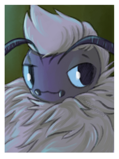 A colored portrait of a purple anthropomorphic moth looking to the side on a dark green background. She has a big greyish neck fluff and hair styled like an undercut