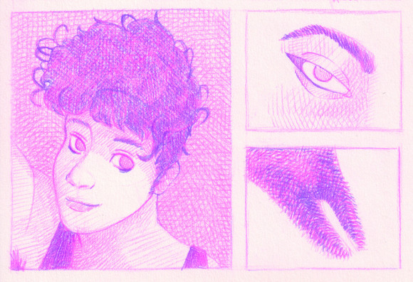 An illustration in 3 panels. The first and largest panel depicts a feminine person with a large pompadour hair style with a lot of curly strands of hair going in different directions. They have a slight smile. The second panel is a close up of an eye half closed looking all mysteriously. Is a field of purple and pink against a white background arranged to look like pubic hair.