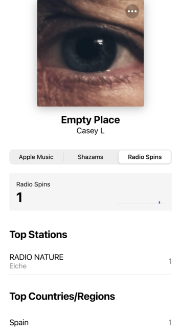 A screenshot from Apple artists app showing 1 radio spin from Spanish station called Nature Sounds for a song I wrote. 