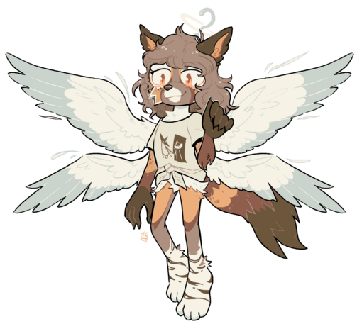 A four-winged anthro angel OC with a canine body and a brown and cream palette, flying in the air.