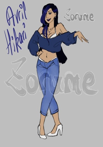 A fullbody colored sketch of my character Avril. She's quite tall an slim, with fair skin. She's wearing white underwear showing under a greyish indigo cropped pullover and acid wash jeans. She also has white heels. She's standing in a fashiont pose, a hand on her waist and the other extended outward with her wrist bend. Her legs are crossed.