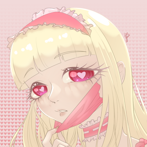 Portrait of a girl with a pink background. The character has fair skin, big pink eyes with heart pupils, long straight hair. She is wearing a diadem and a choker with frills and is pulling down a face mask.