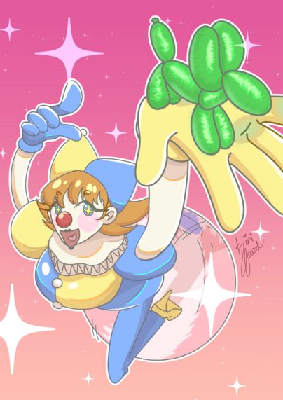 A drawing of a clown girl on top of a ball, showing a dog made of balloons. She has a yellow/blue suit, orange hair, red nose and blue eyes with stars. 