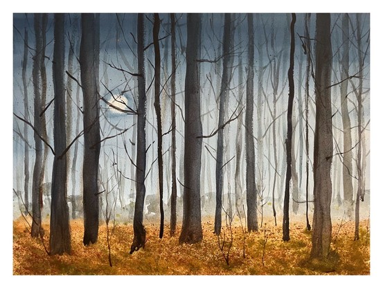 Painting of night in a poplar stand with the full moon in the background.