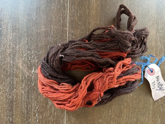 After: Madder

I'm less jazzed about madder, which is an orangey red (a little deeper & it would be barn red) and brown on the iron-mordanted wool.