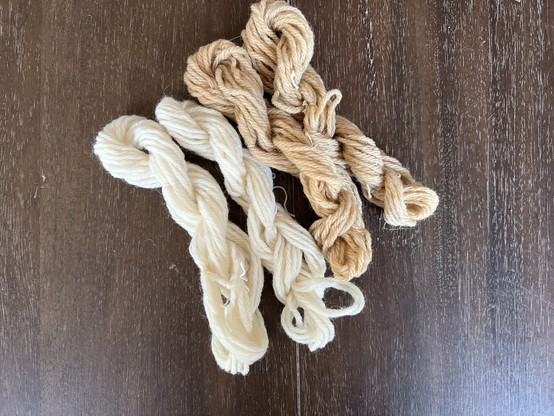 BEFORE:

Four skeins of yarn on a dark wood table. The two skeins on the right are white (but mordanted with alum) and the two on the right are kind of a medium tan (mordanted in iron). 