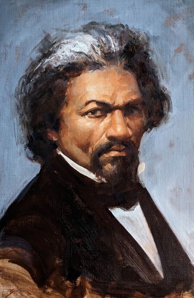 an oil portrait of famous abolitionist Frederick Douglass done in a loose, painterly style, over a light blue background.