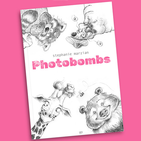 Bild vom Cover eines Softcover Buchs in DIN A4. Zu sehen sind vier Tiere, die aus allen vier Ecken ins Bild gucken. Es sind Bleistiftzeichnungen einer Giraffe, eines Bären, eines roten Pandas und eines Huhns. In der Mitte steht Stephanie Marzian, Photobombs