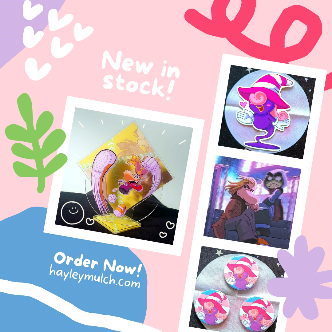 Bright pastel coloured graphic advertising my Rayman acrylic standee, Captain Laserhawk lenticular print, and Vivian stickers and badges. Text reads: 'New in stock! Order now! hayleymulch.com.'