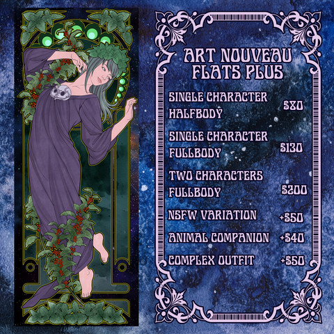 Promotional image for art nouveau flats plus commission type.