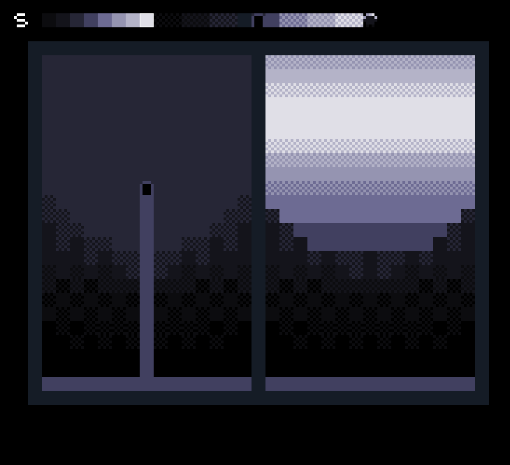 a screenshot of a monochrome pixel art image of two windows of the same format and roughly the same division. to the left a light to dark gradient falls off from top to bottom, to the right there is an additional dark to light proliferating upwards. there are color palettes and dither patterns grouped on top of the image.