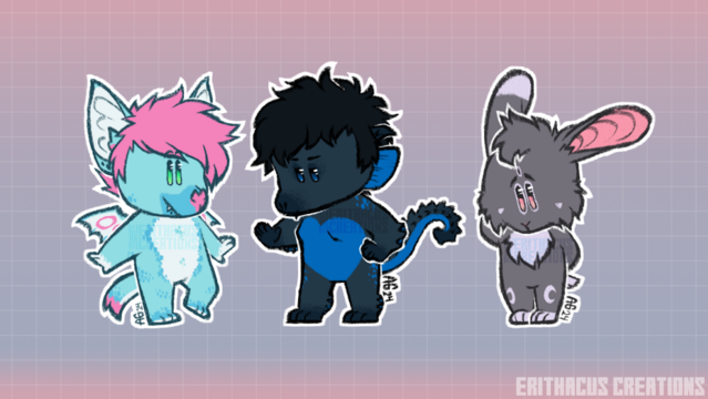 An illustration of 3 furry characters in a row. From left to right, there is a cotton-candy colored hyena-bat hybrid posing, a dark blue and navy seahorse-sea lion hybrid checking her nails, and a gray and white bunny sheepishly scratching the back of his head.