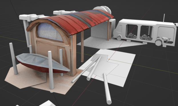 I used the Ambient occlusion pass as a base for painting the model of a lowpoly boat repair shop. Only the roof and a few wooden beams are painted up for now.