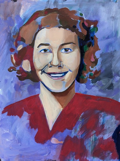 A painting of a lady in a red dress with curly reddish-brown hair smiling at the viewer. 