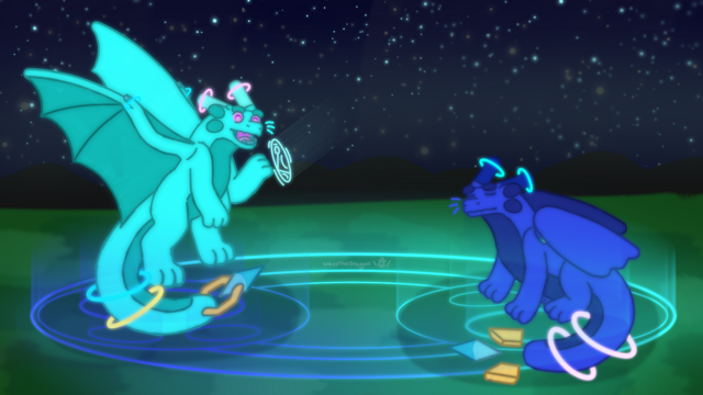 A drawing of Warp, a light blue dragon, and Bubbles, a dark blue dragon, in a dual spell circle.