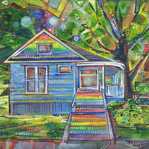 painting of a blue house with rainbow steps