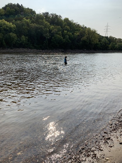 Photo of a slow river tributary, with wooded hills on the far side, sunlight hitting the near edge, and a figure wading out in the middle 