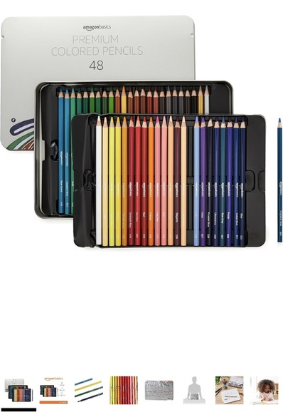 An image of the 48 set of Amazon Basics colored pencils. There is a metal tin in the upper left corner  and two racks of pencils. The bottom of the image is a bunch of thumbnails of other views of the product. 