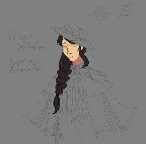 A screenshot of a sketch of a woman with dark brown hair in a braid that goes over one shoulder. Written next to her is her name, Prague Stellafane, and occupation, Keeper of Astraria Tower.